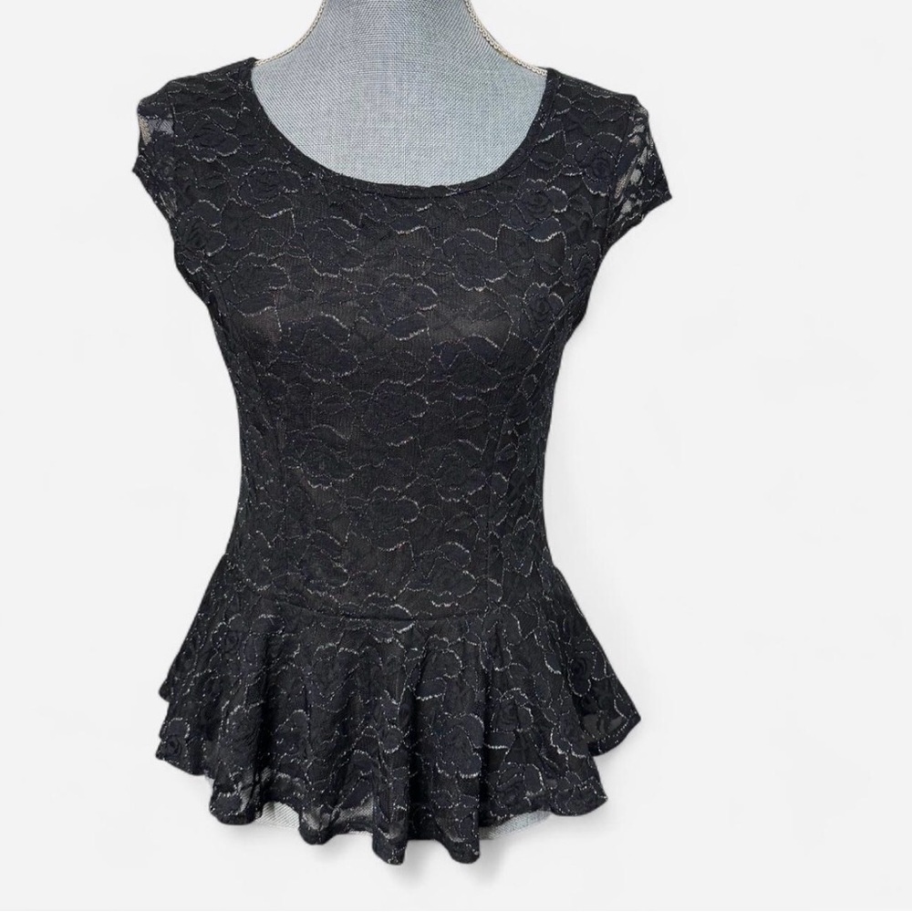 BCX Y2K Lace Peplum Top Goth Whimsigoth Open‎ Back Stretch Evening Black Sz M